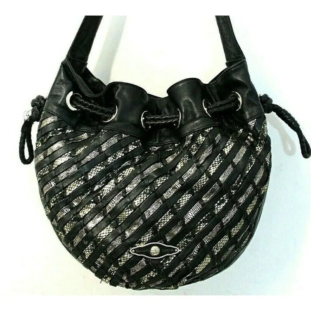 Elliott Lucca BLACK GOLD WOVEN GENUINE LEATHER DRAWSTRING SHOULDER BAG PURSE